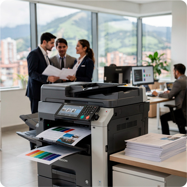 Equipos de impresión profesionales en una oficina empresarial, con fotocopiadora multifuncional en uso y ambiente de trabajo productivo.